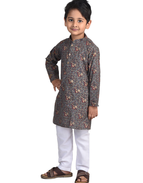 Kinder Kids Boys Brown & Gold-Toned Ethnic Motifs Printed Cotton Kurta