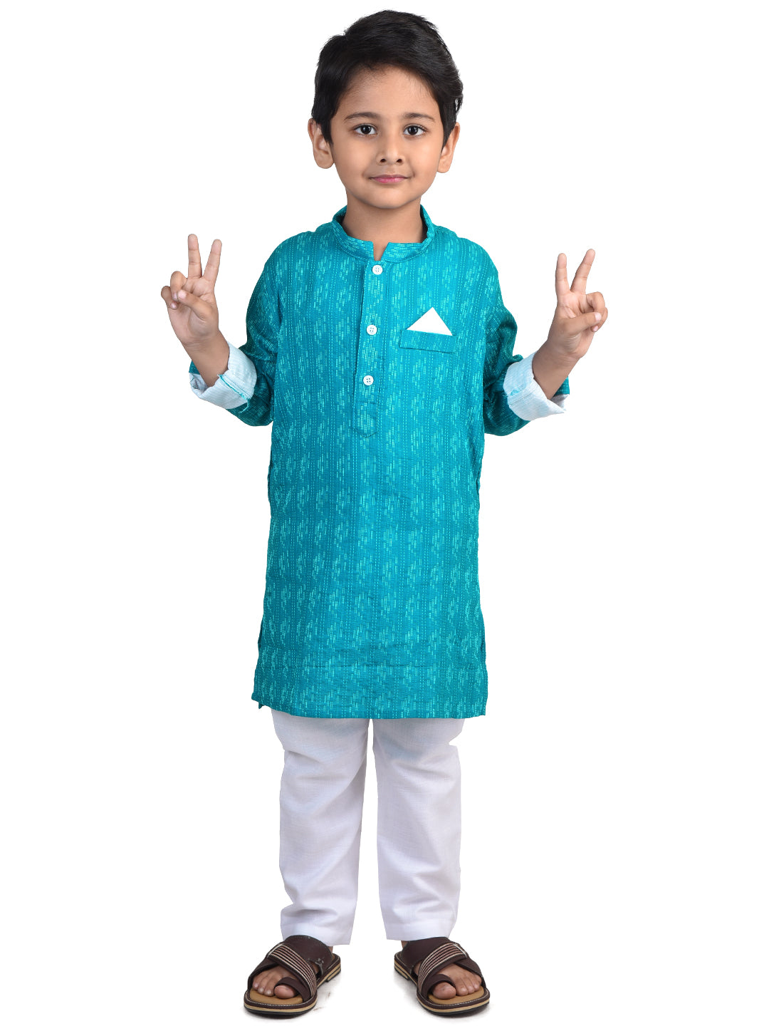 Kinder Kids Boys Blue Ethnic Motifs Printed Flared Sleeves Pastels Kurta