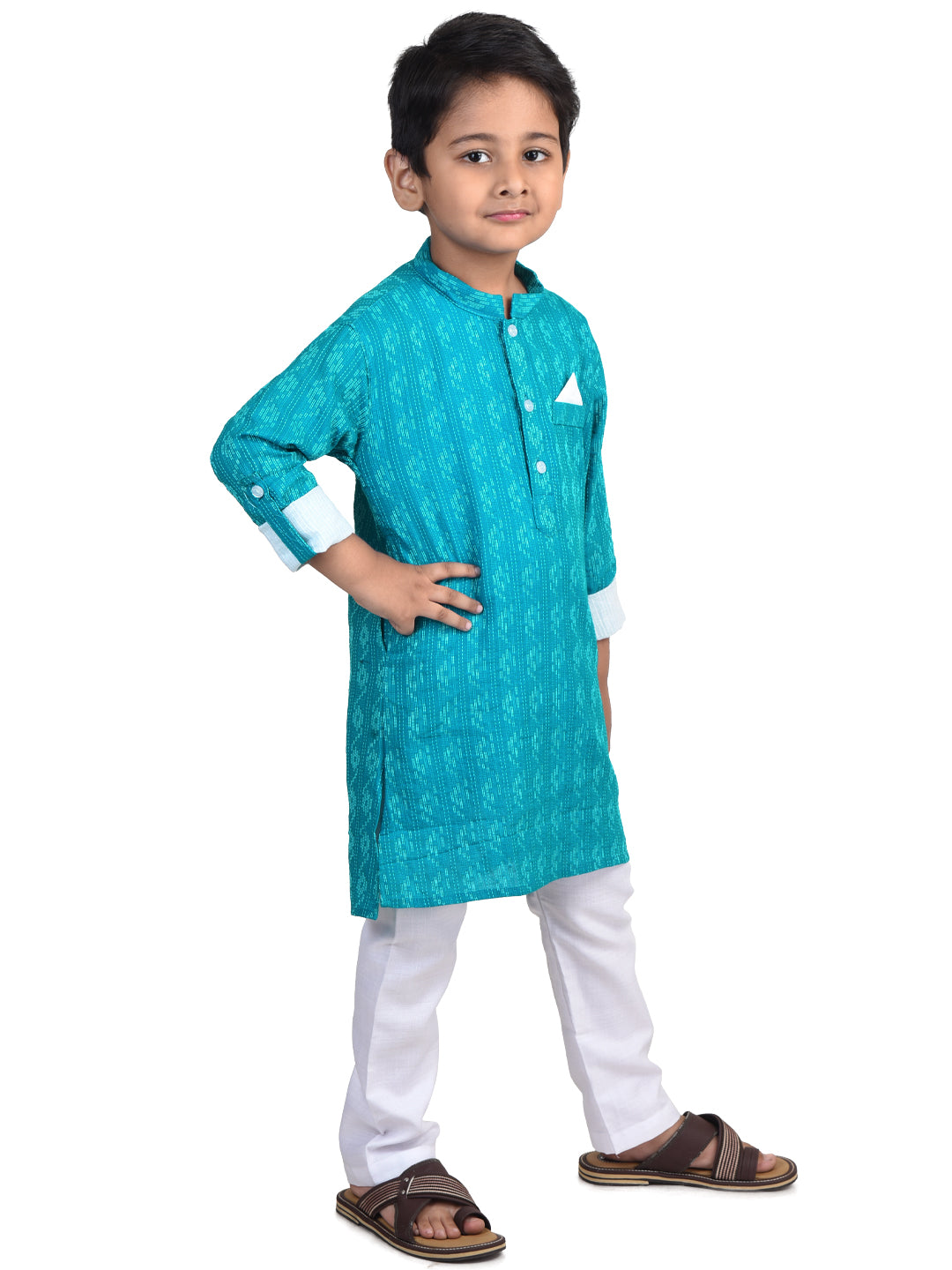 Kinder Kids Boys Blue Ethnic Motifs Printed Flared Sleeves Pastels Kurta