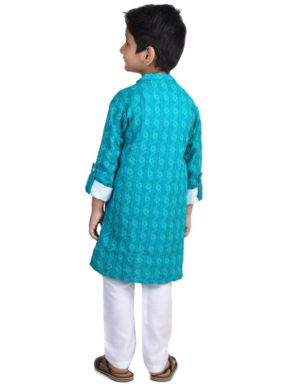 Kinder Kids Boys Blue Ethnic Motifs Printed Flared Sleeves Pastels Kurta