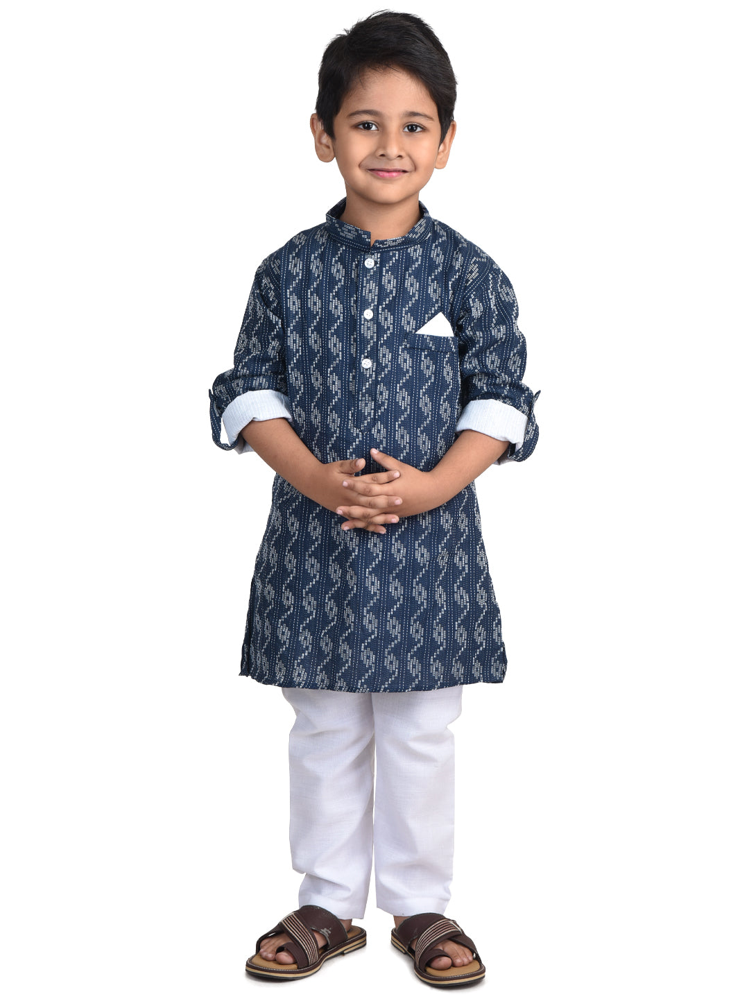 Kinder Kids Boys Blue Chevron Printed Thread Work Pastels Anarkali Kurta