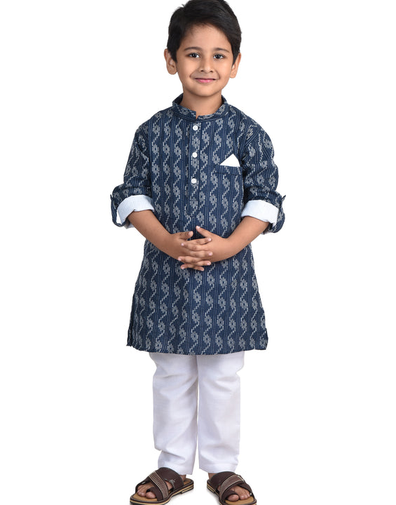 Kinder Kids Boys Blue Chevron Printed Thread Work Pastels Anarkali Kurta