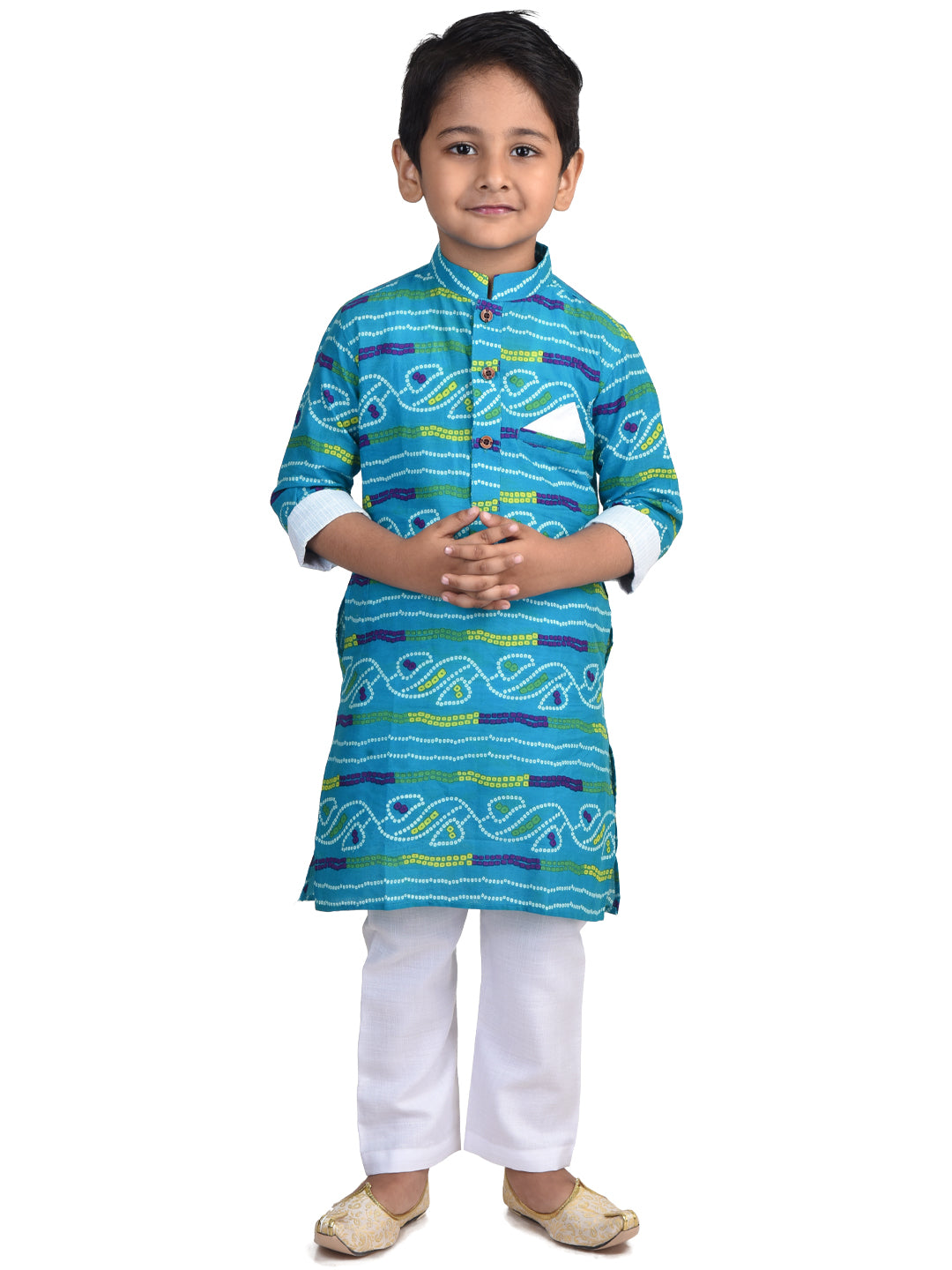 Kinder Kids Boys Blue Bandhani Printed Cotton Kurta