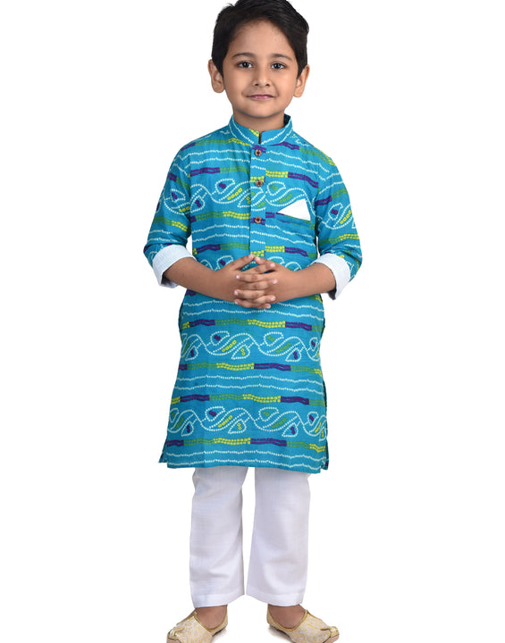 Kinder Kids Boys Blue Bandhani Printed Cotton Kurta