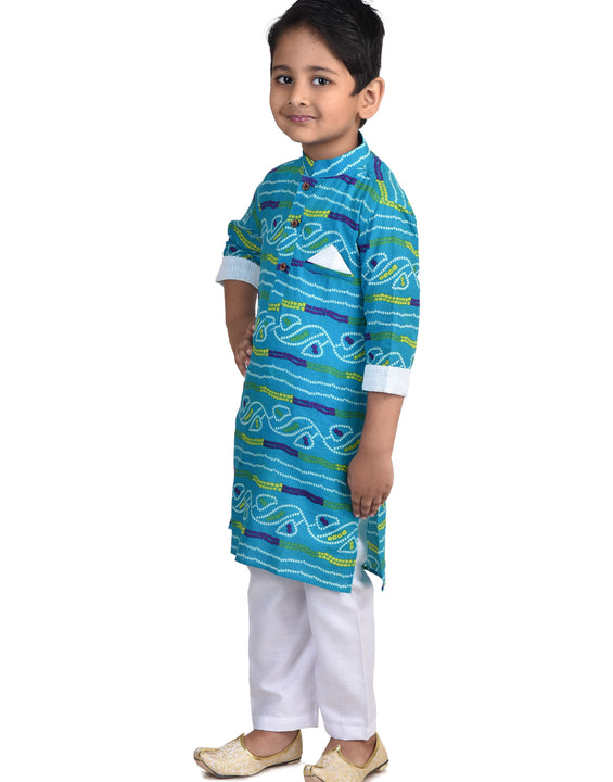 Kinder Kids Boys Blue Bandhani Printed Cotton Kurta