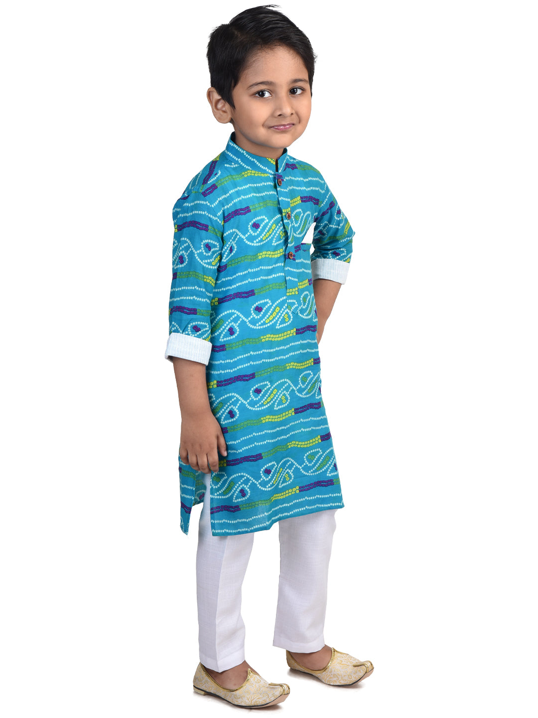 Kinder Kids Boys Blue Bandhani Printed Cotton Kurta