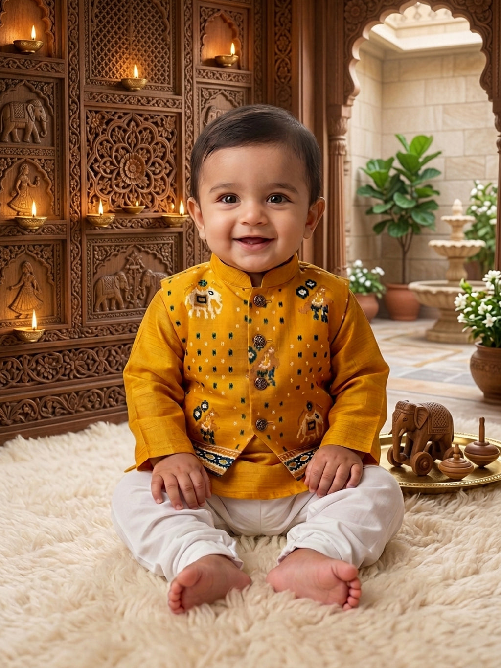 Yellow Solid Kurta with Patola Print Jacket and Pajama