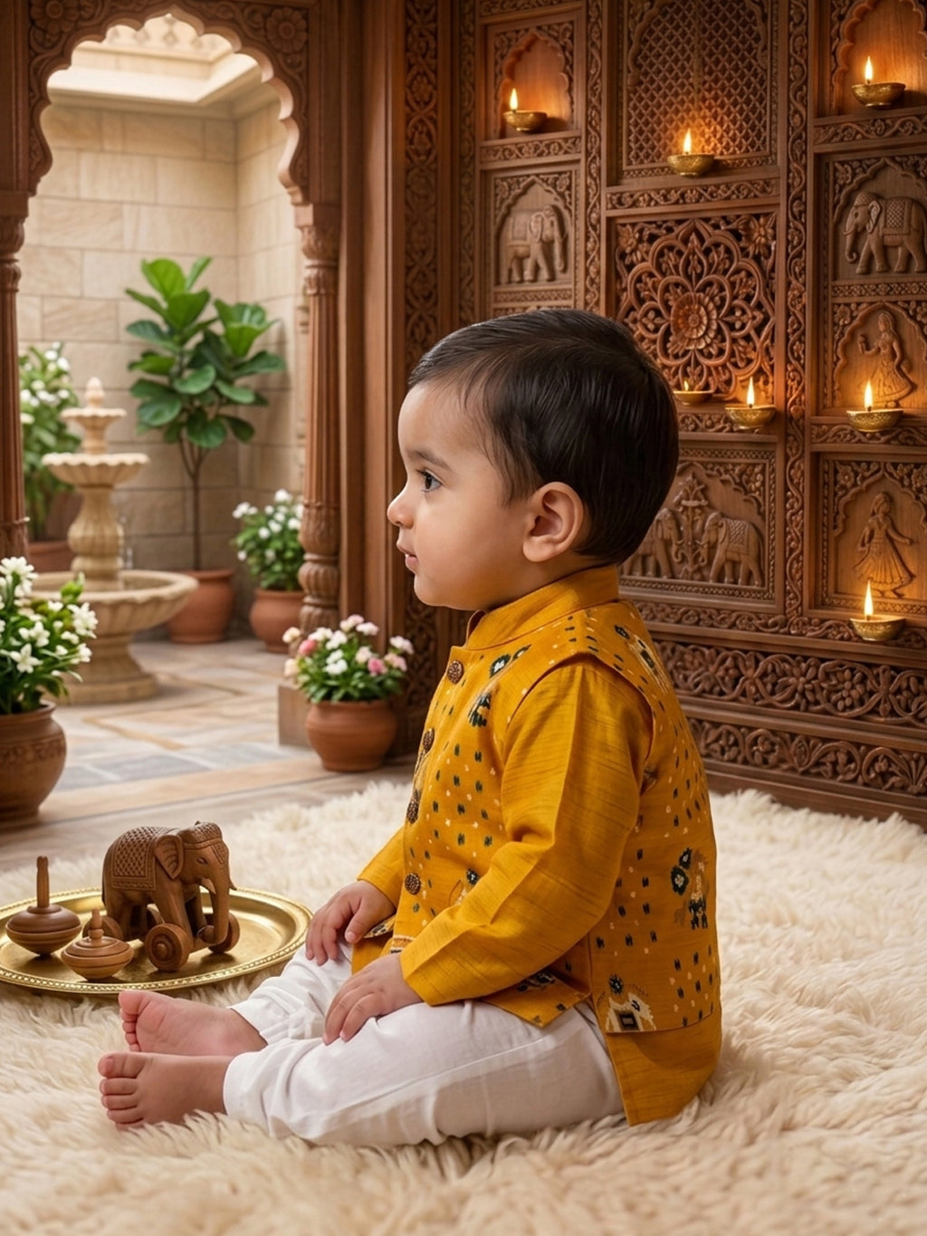 Yellow Solid Kurta with Patola Print Jacket and Pajama