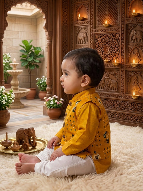 Yellow Solid Kurta with Patola Print Jacket and Pajama