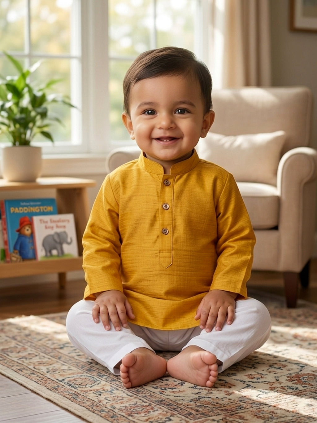 Yellow Solid Kurta with Patola Print Jacket and Pajama