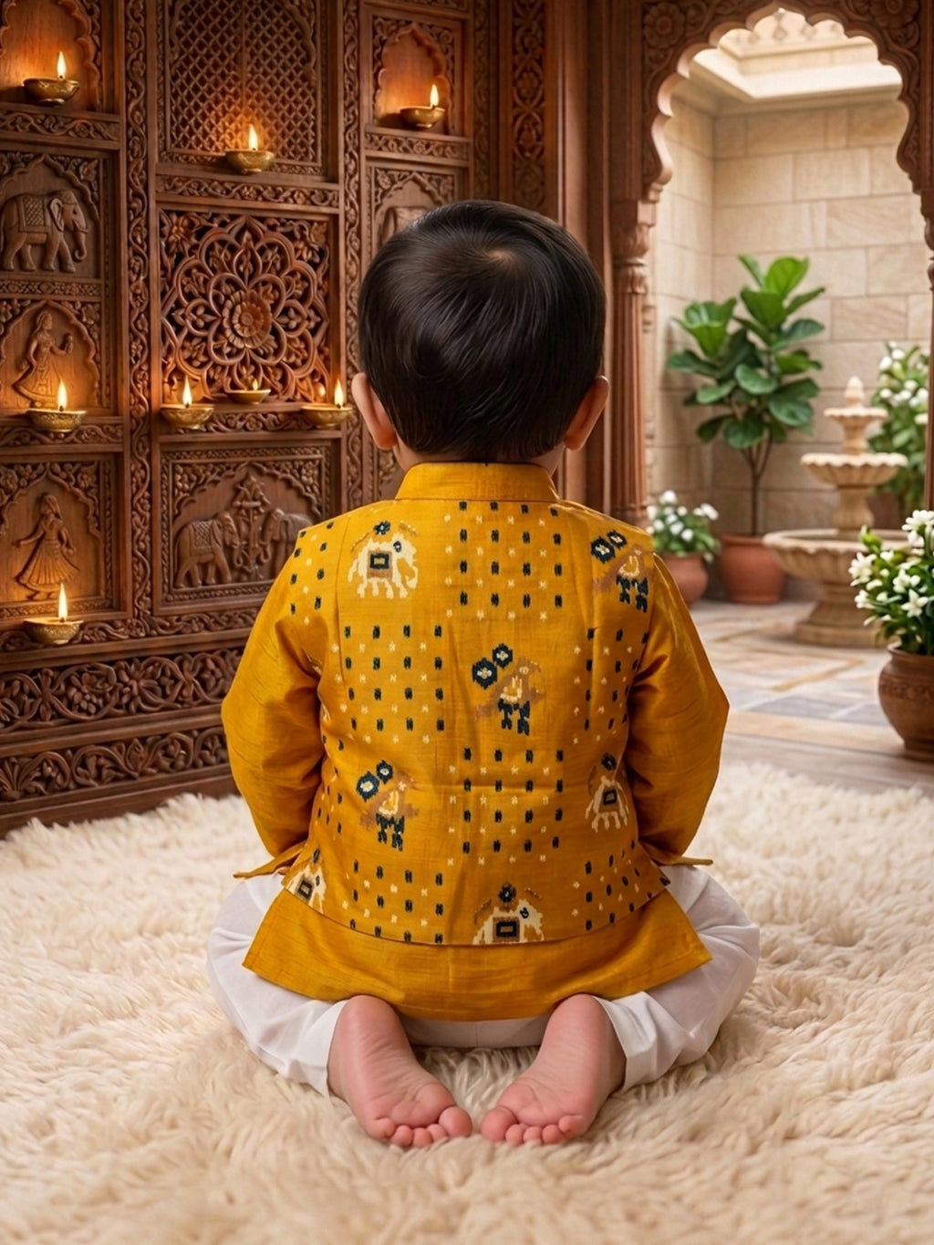 Yellow Solid Kurta with Patola Print Jacket and Pajama