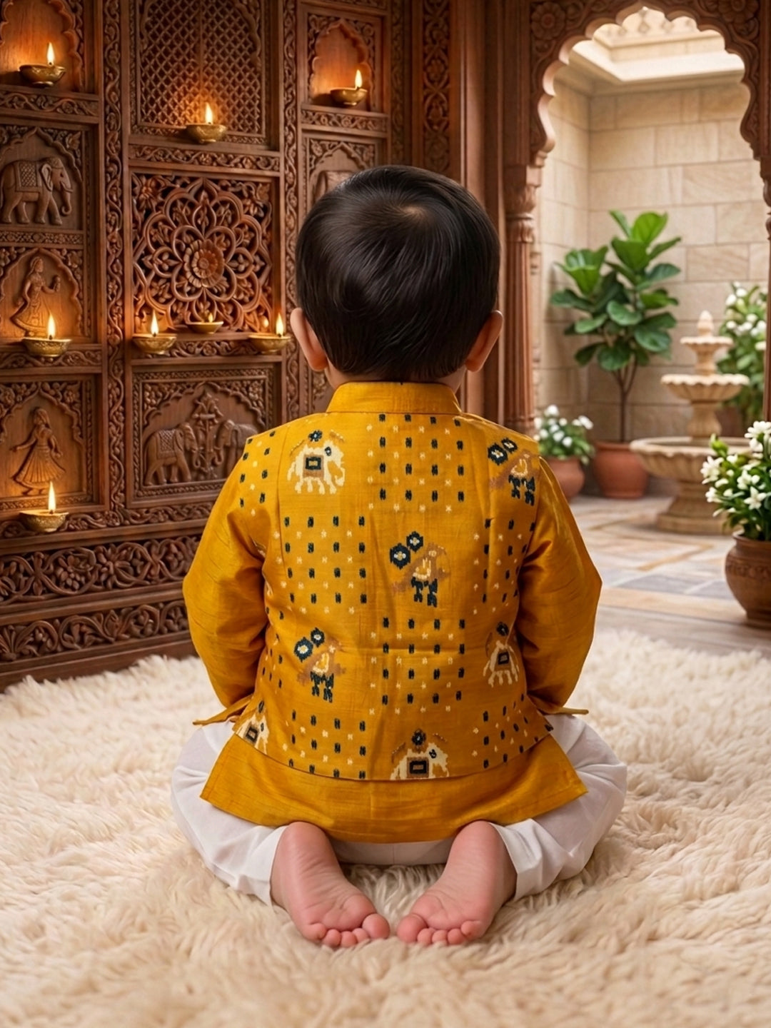 Yellow Solid Kurta with Patola Print Jacket and Pajama