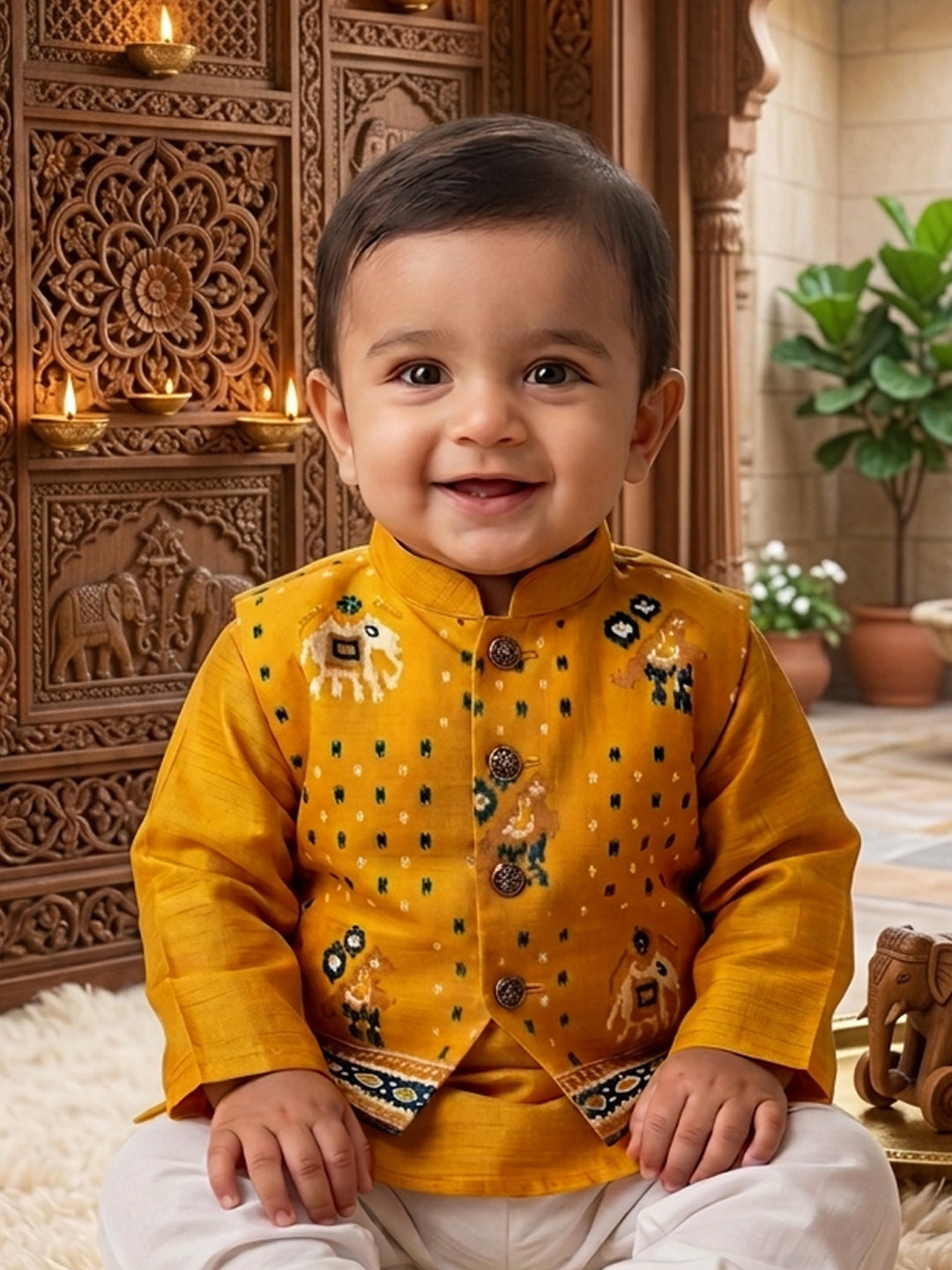Yellow Solid Kurta with Patola Print Jacket and Pajama