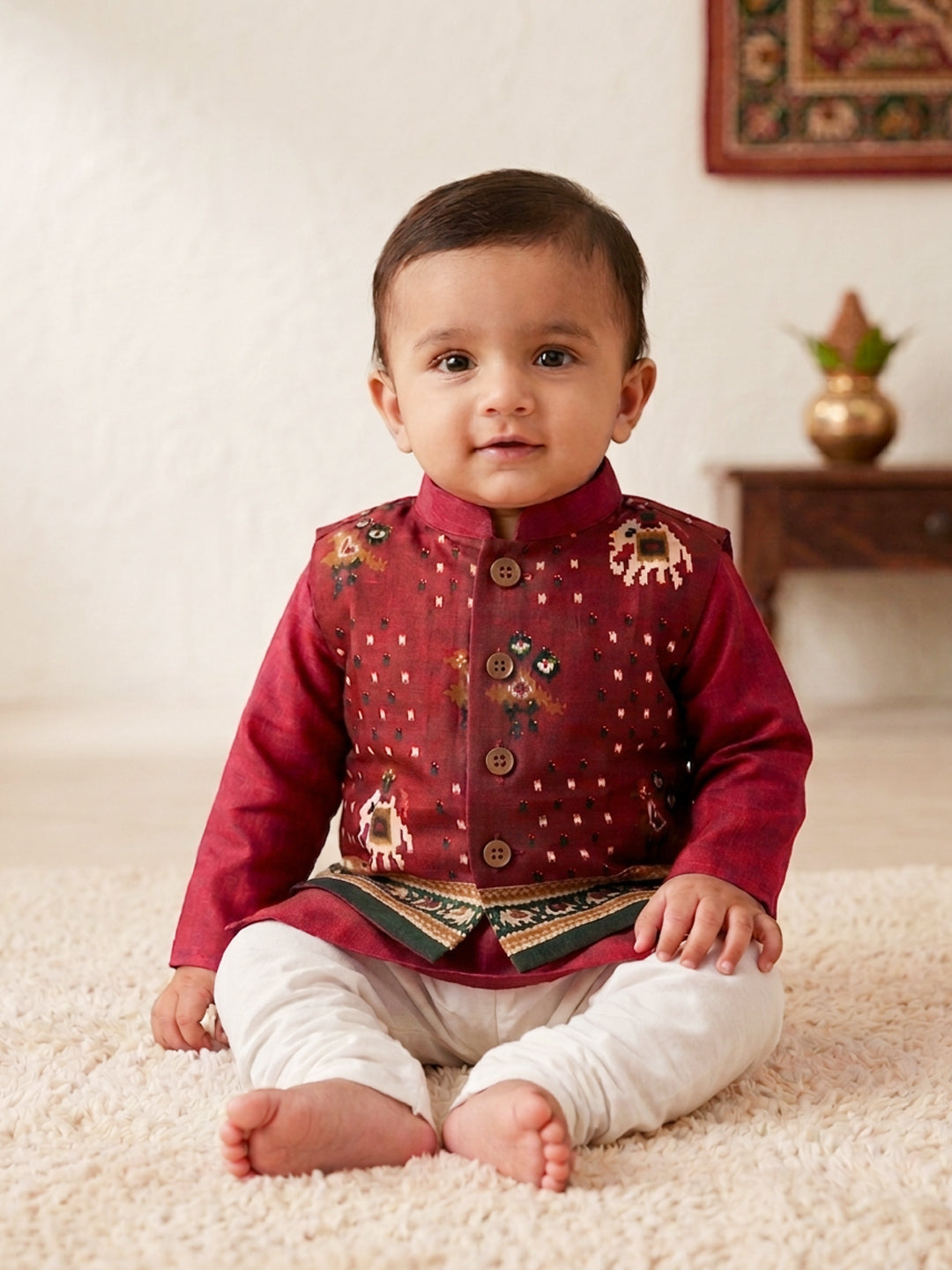 Red Solid Kurta with Patola Print Jacket and Pajama