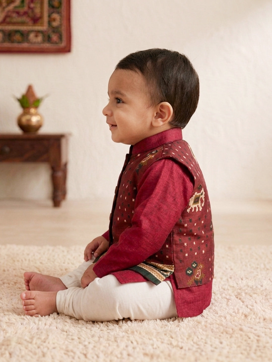 Red Solid Kurta with Patola Print Jacket and Pajama