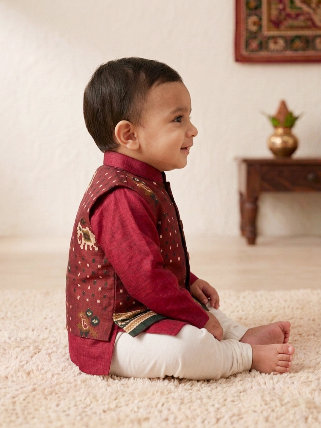 Red Solid Kurta with Patola Print Jacket and Pajama