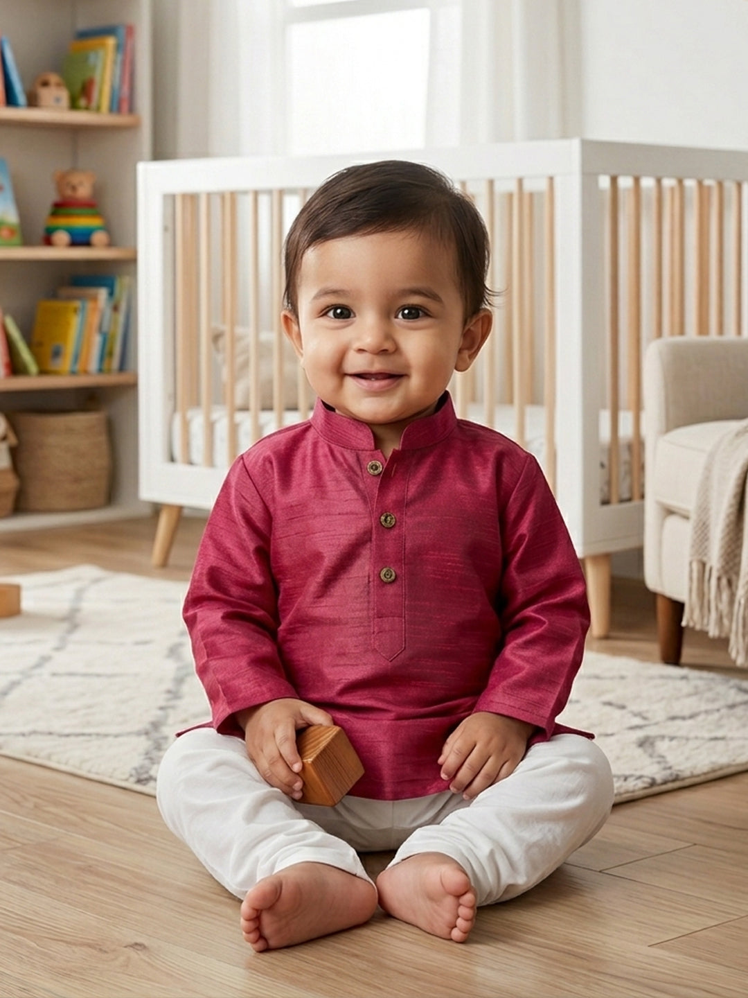 Red Solid Kurta with Patola Print Jacket and Pajama