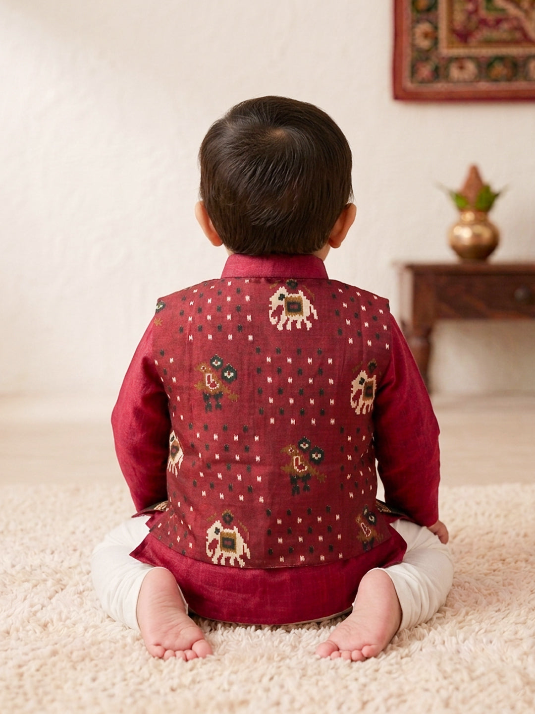 Red Solid Kurta with Patola Print Jacket and Pajama