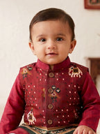 Red Solid Kurta with Patola Print Jacket and Pajama