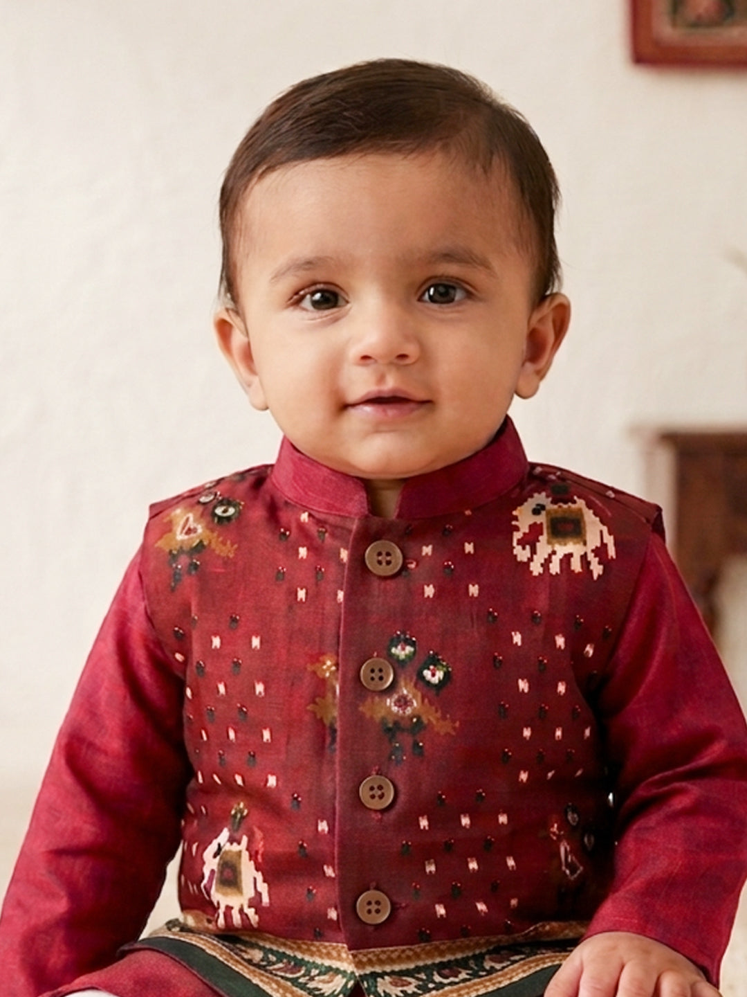 Red Solid Kurta with Patola Print Jacket and Pajama