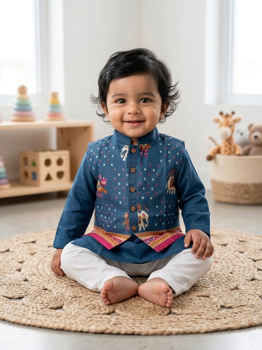 Blue Solid Kurta with Patola Print Jacket and Pajama