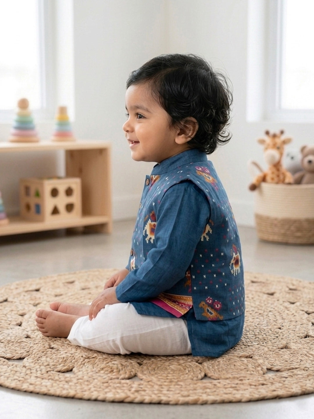 Blue Solid Kurta with Patola Print Jacket and Pajama