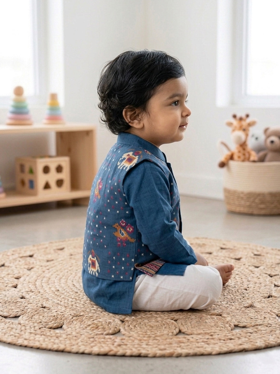Blue Solid Kurta with Patola Print Jacket and Pajama