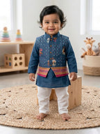 Blue Solid Kurta with Patola Print Jacket and Pajama