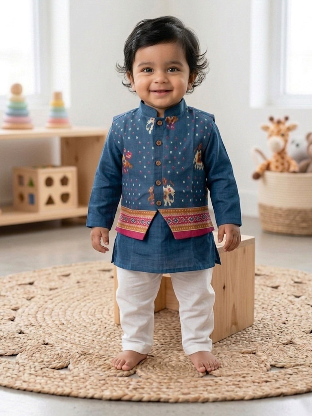 Blue Solid Kurta with Patola Print Jacket and Pajama