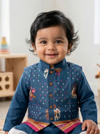 Blue Solid Kurta with Patola Print Jacket and Pajama