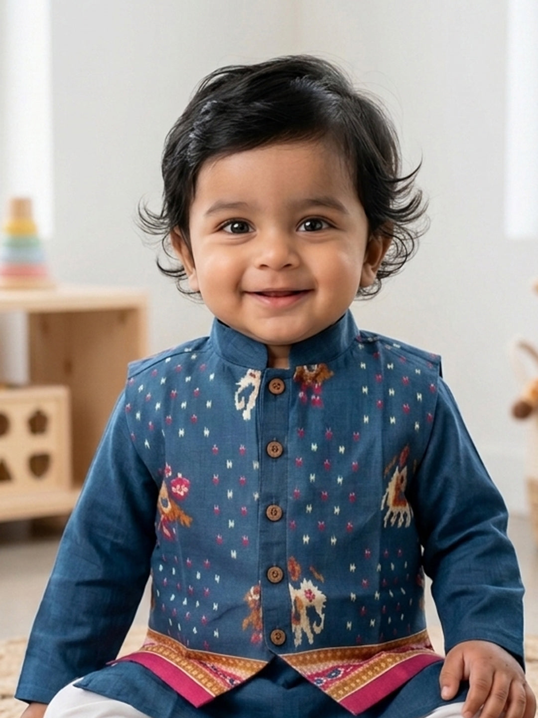 Blue Solid Kurta with Patola Print Jacket and Pajama