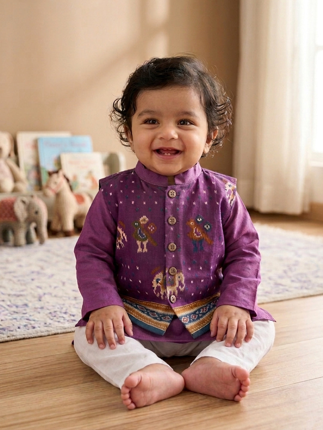 Purple Solid Kurta with Patola Print Jacket and Pajama