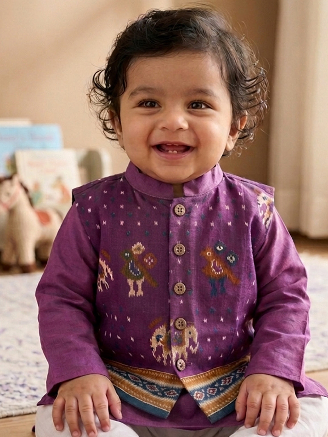 Purple Solid Kurta with Patola Print Jacket and Pajama
