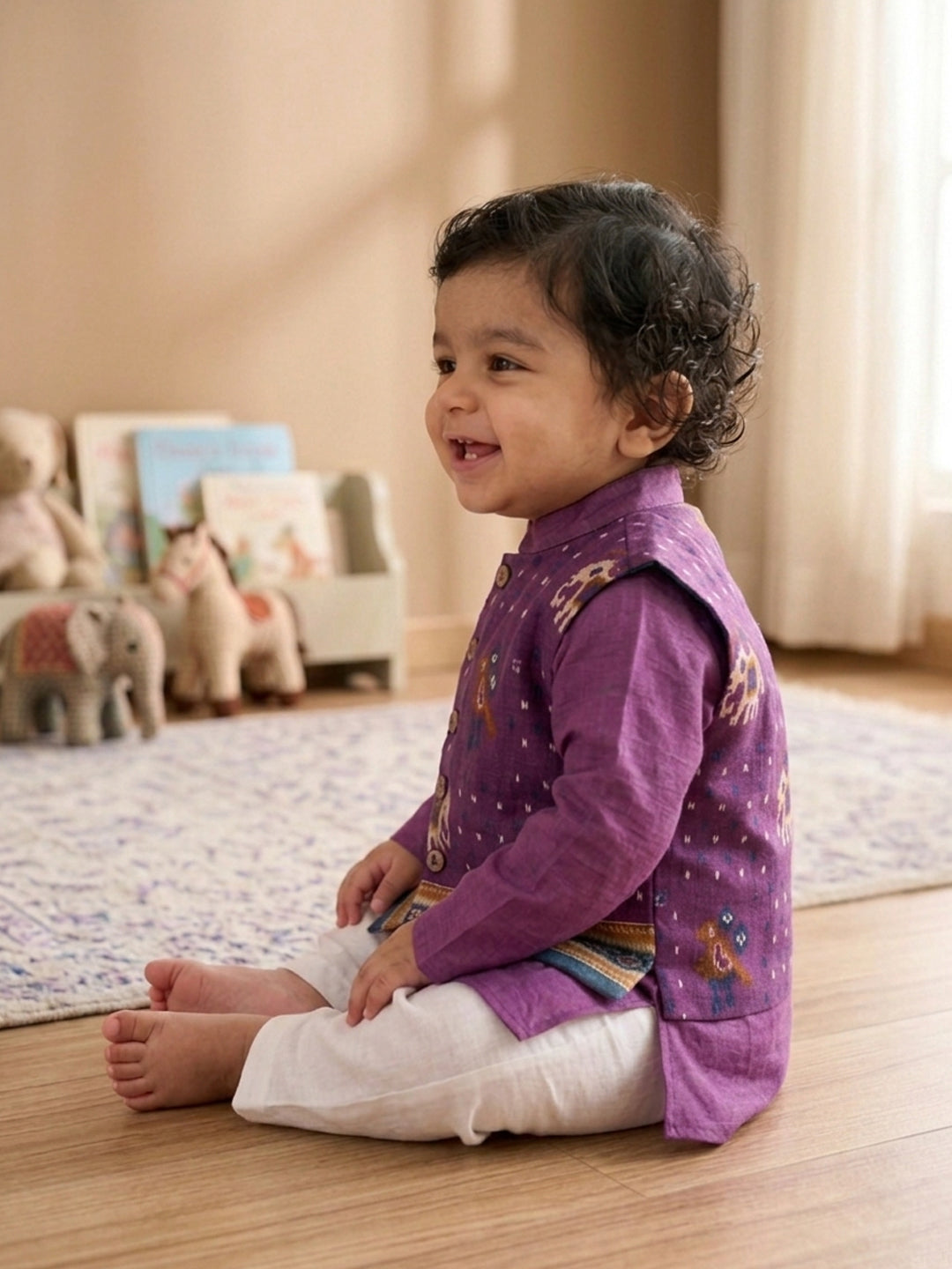 Purple Solid Kurta with Patola Print Jacket and Pajama