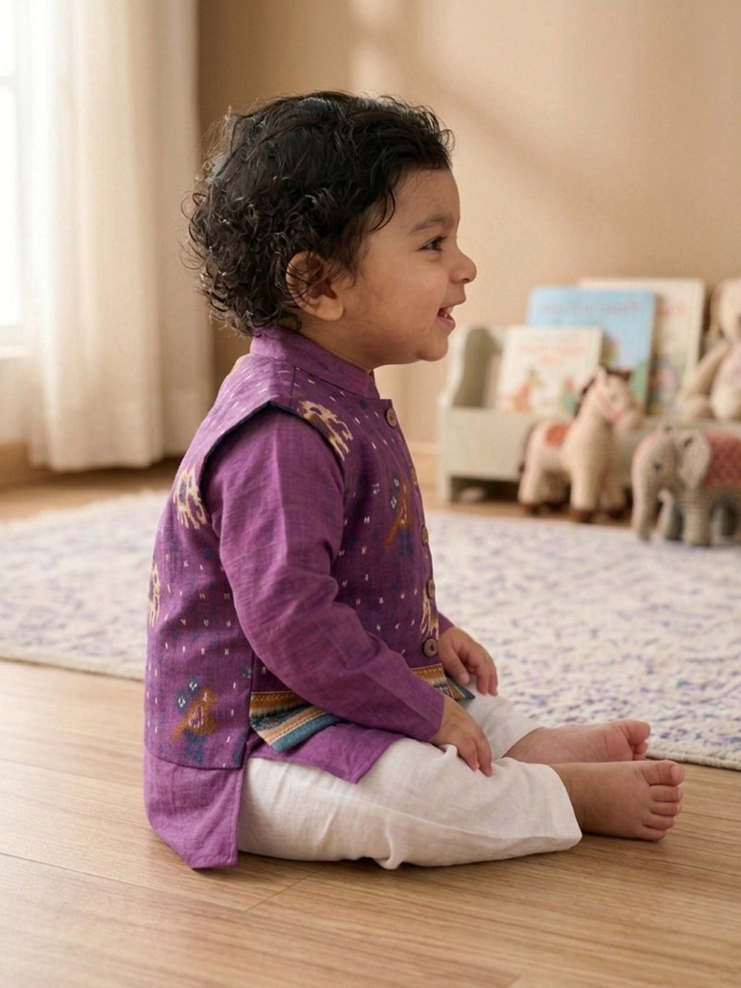 Purple Solid Kurta with Patola Print Jacket and Pajama