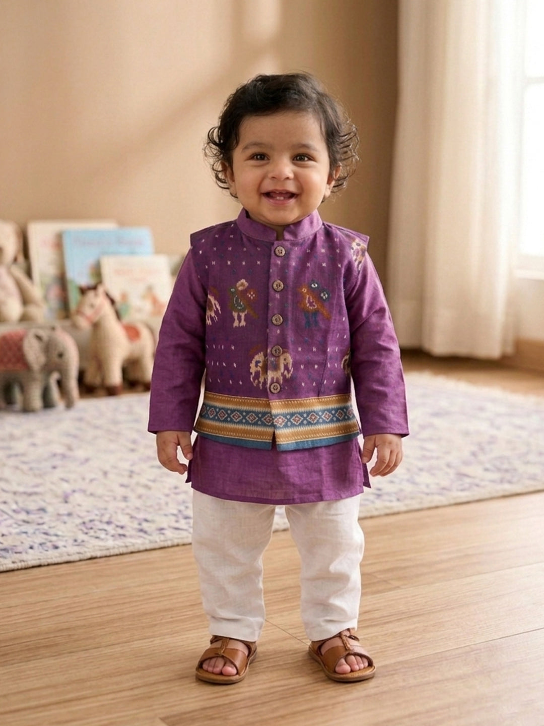 Purple Solid Kurta with Patola Print Jacket and Pajama
