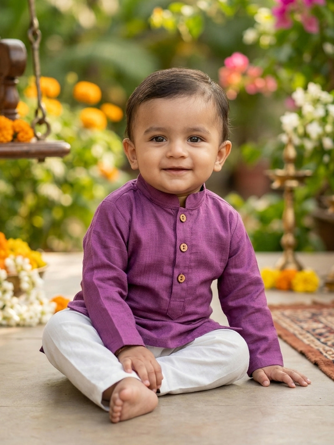 Purple Solid Kurta with Patola Print Jacket and Pajama