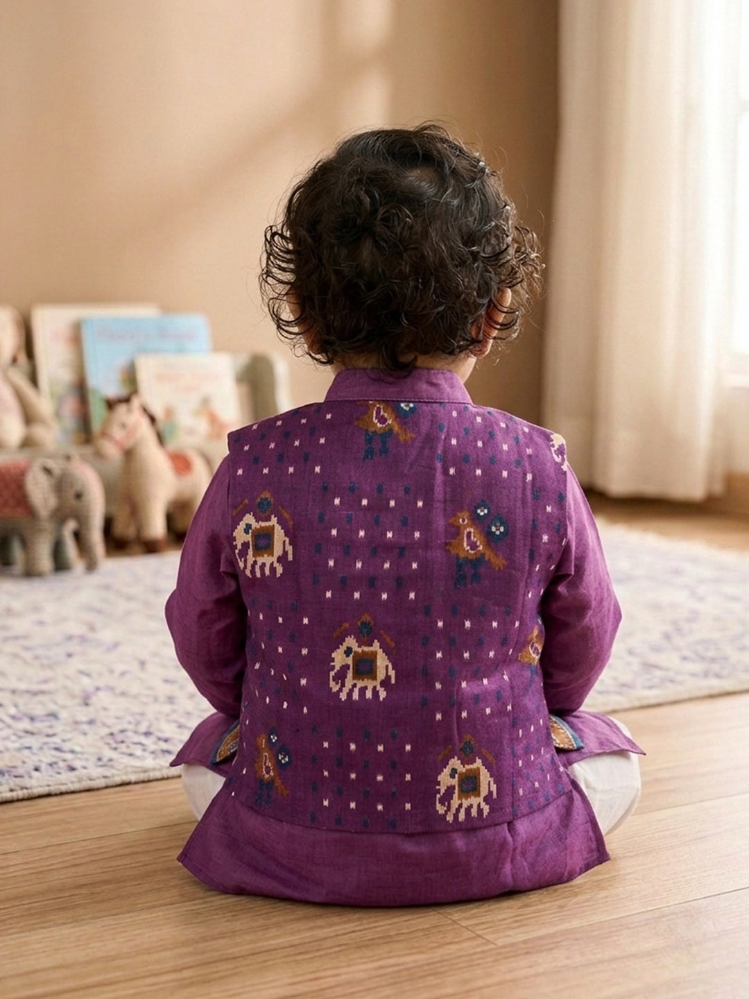 Purple Solid Kurta with Patola Print Jacket and Pajama