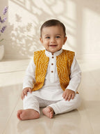 White Solid Kurta with Yellow Bandez Jacket And Pajama