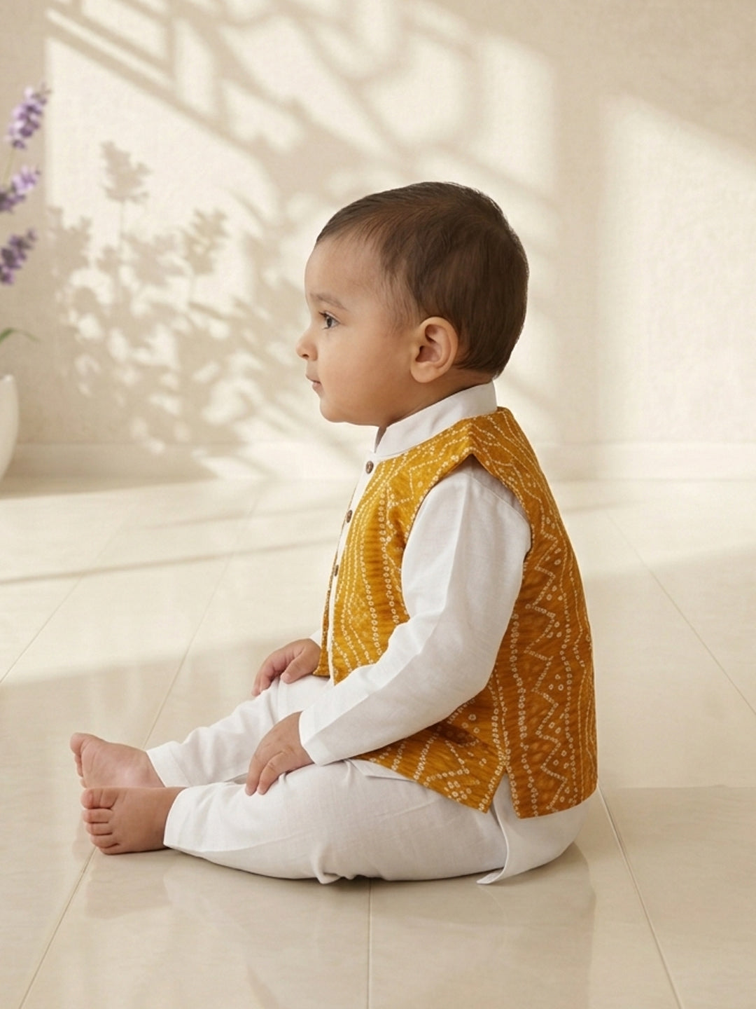 White Solid Kurta with Yellow Bandez Jacket And Pajama