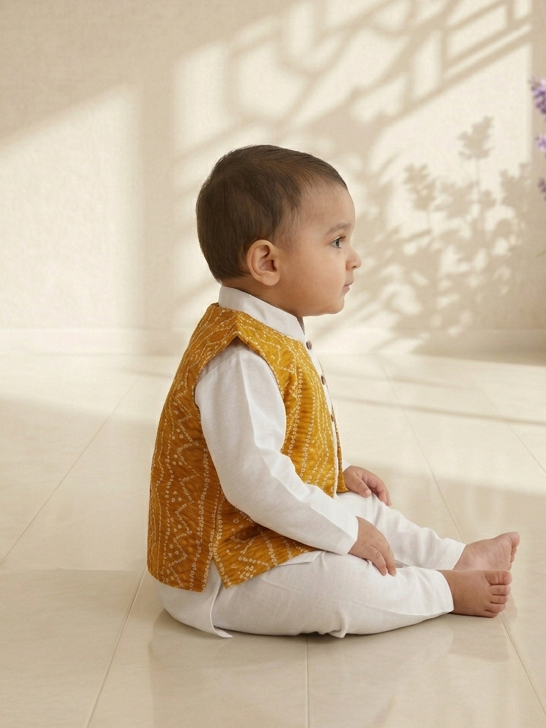 White Solid Kurta with Yellow Bandez Jacket And Pajama