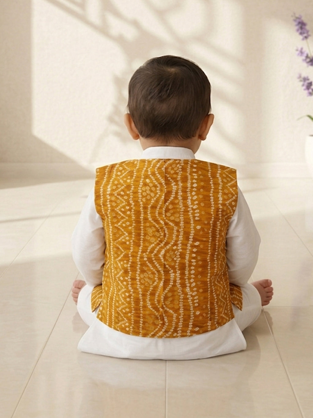 White Solid Kurta with Yellow Bandez Jacket And Pajama