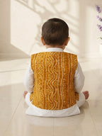 White Solid Kurta with Yellow Bandez Jacket And Pajama