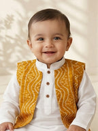 White Solid Kurta with Yellow Bandez Jacket And Pajama