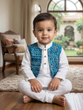 White Solid Kurta with Blue Bandez Jacket And Pajama