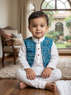 White Solid Kurta with Blue Bandez Jacket And Pajama