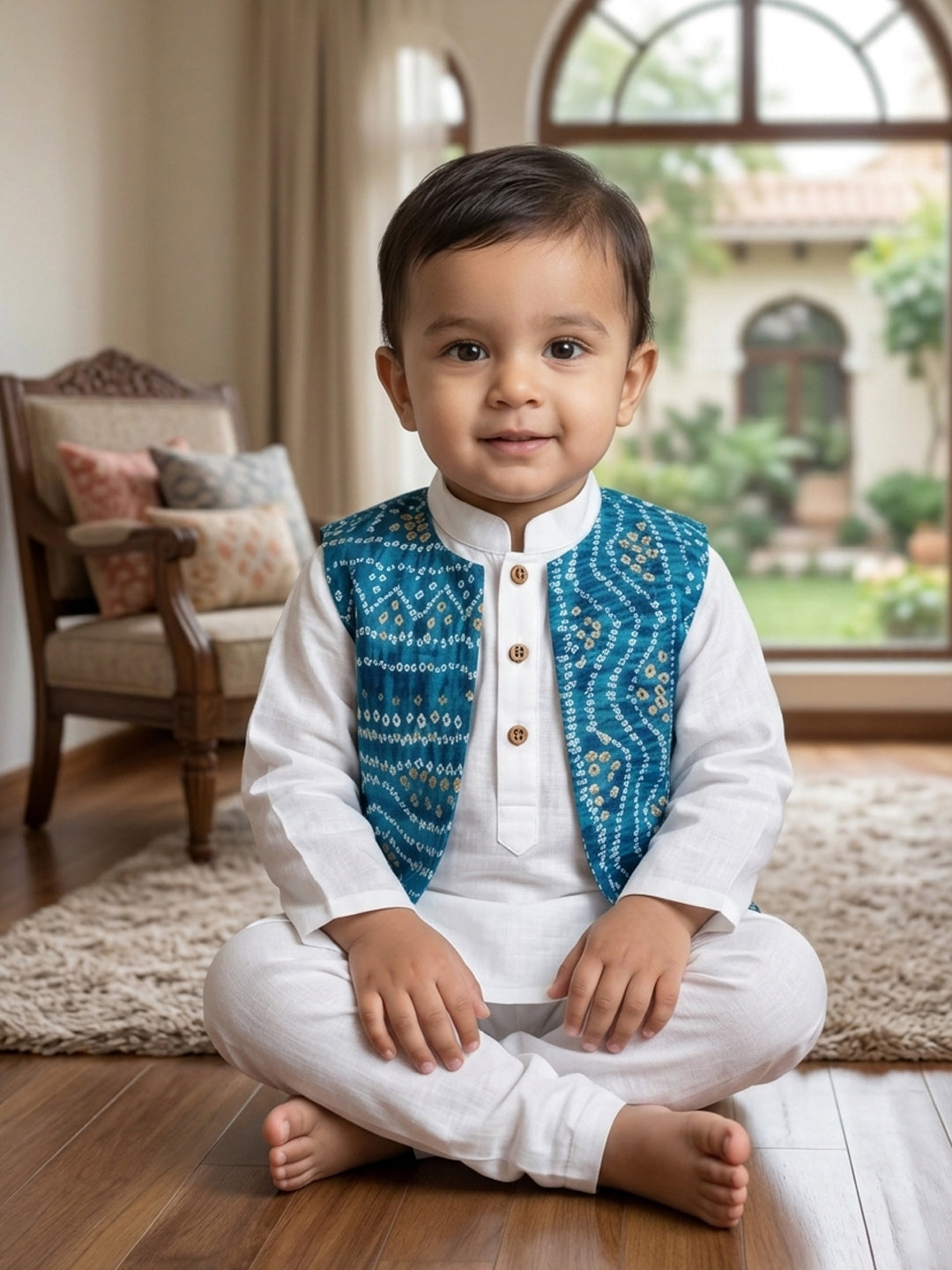White Solid Kurta with Blue Bandez Jacket And Pajama