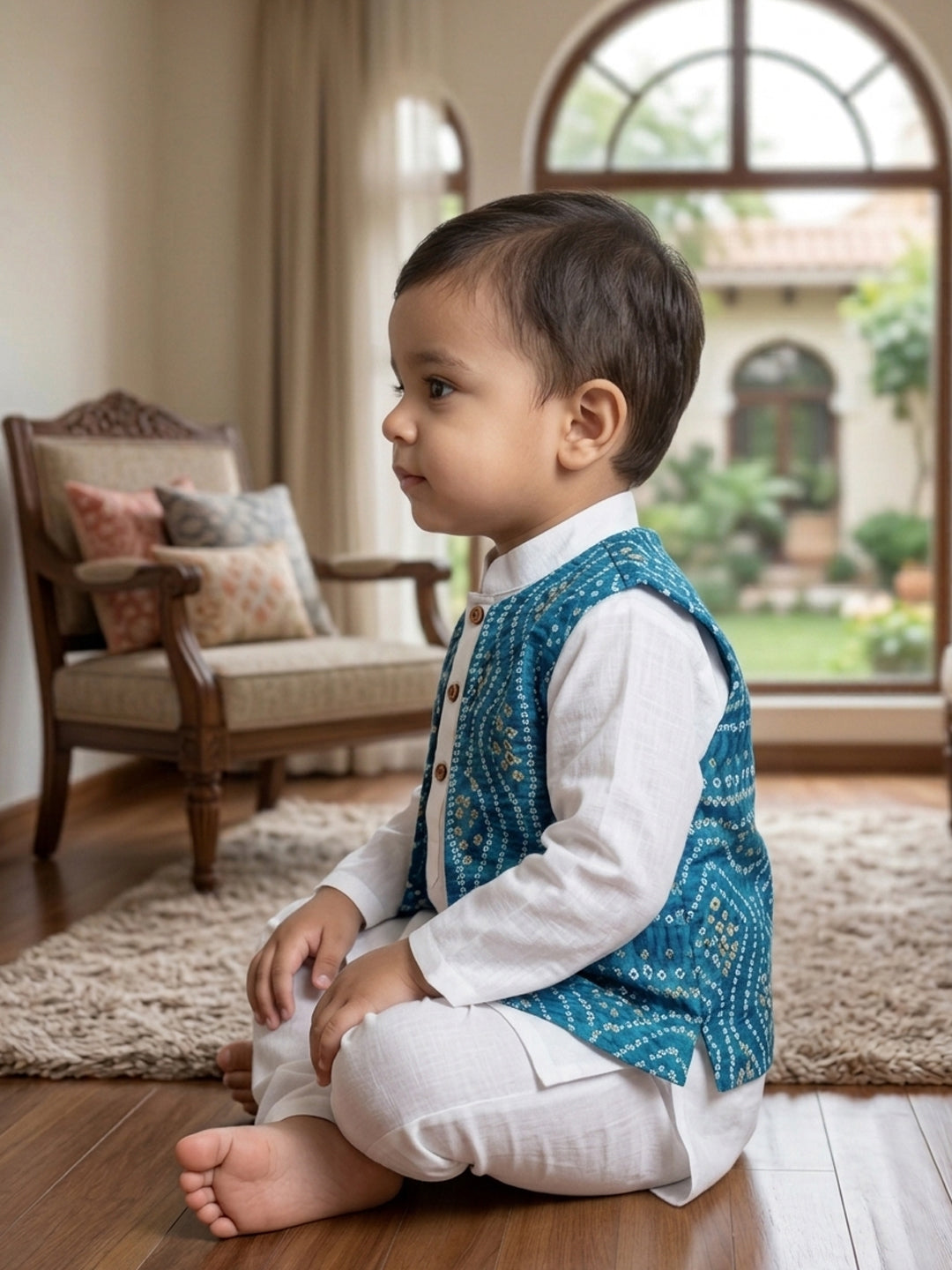 White Solid Kurta with Blue Bandez Jacket And Pajama