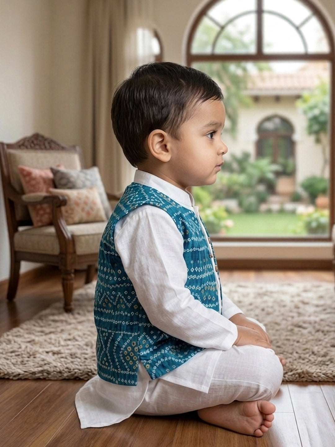 White Solid Kurta with Blue Bandez Jacket And Pajama