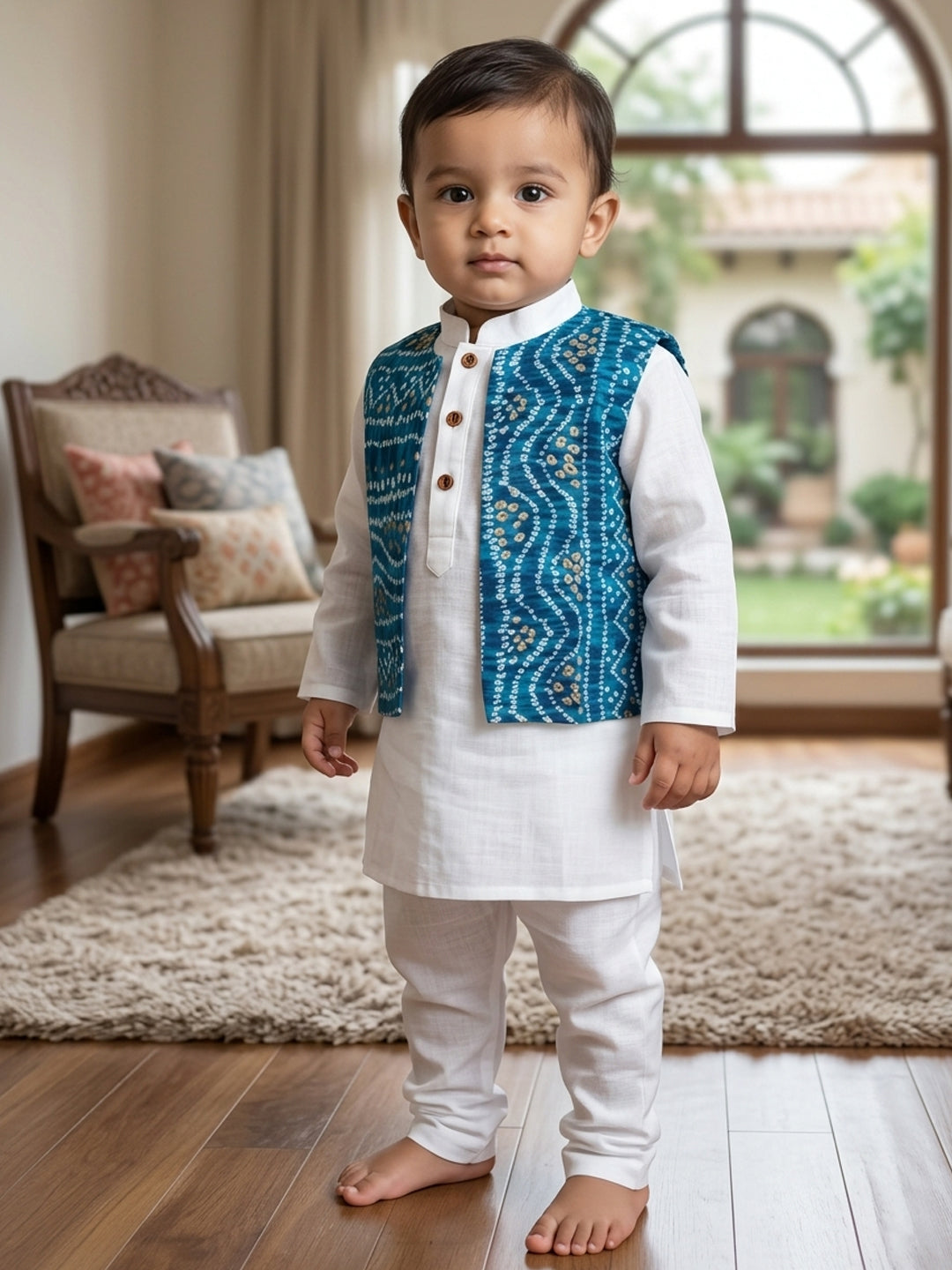 White Solid Kurta with Blue Bandez Jacket And Pajama